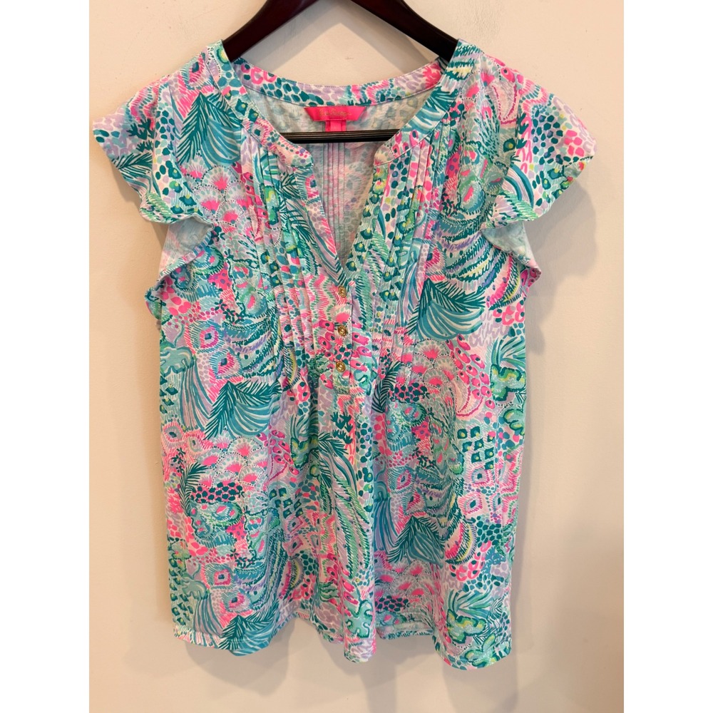 Lilly Pulitzer Pink Teal Tropical Print Pintuck Button Top 010691 Womens L